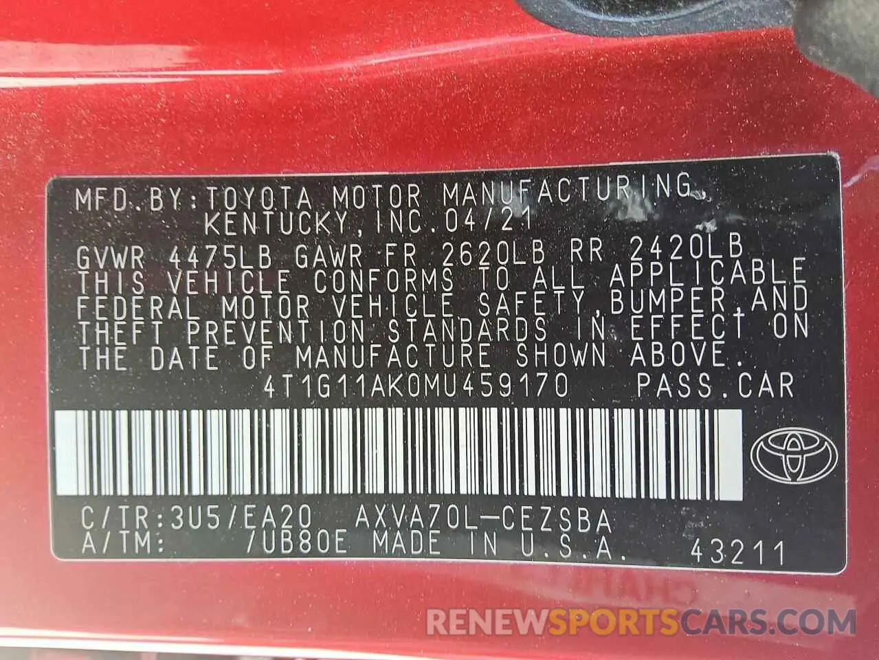 12 Photograph of a damaged car 4T1G11AK0MU459170 TOYOTA CAMRY 2021