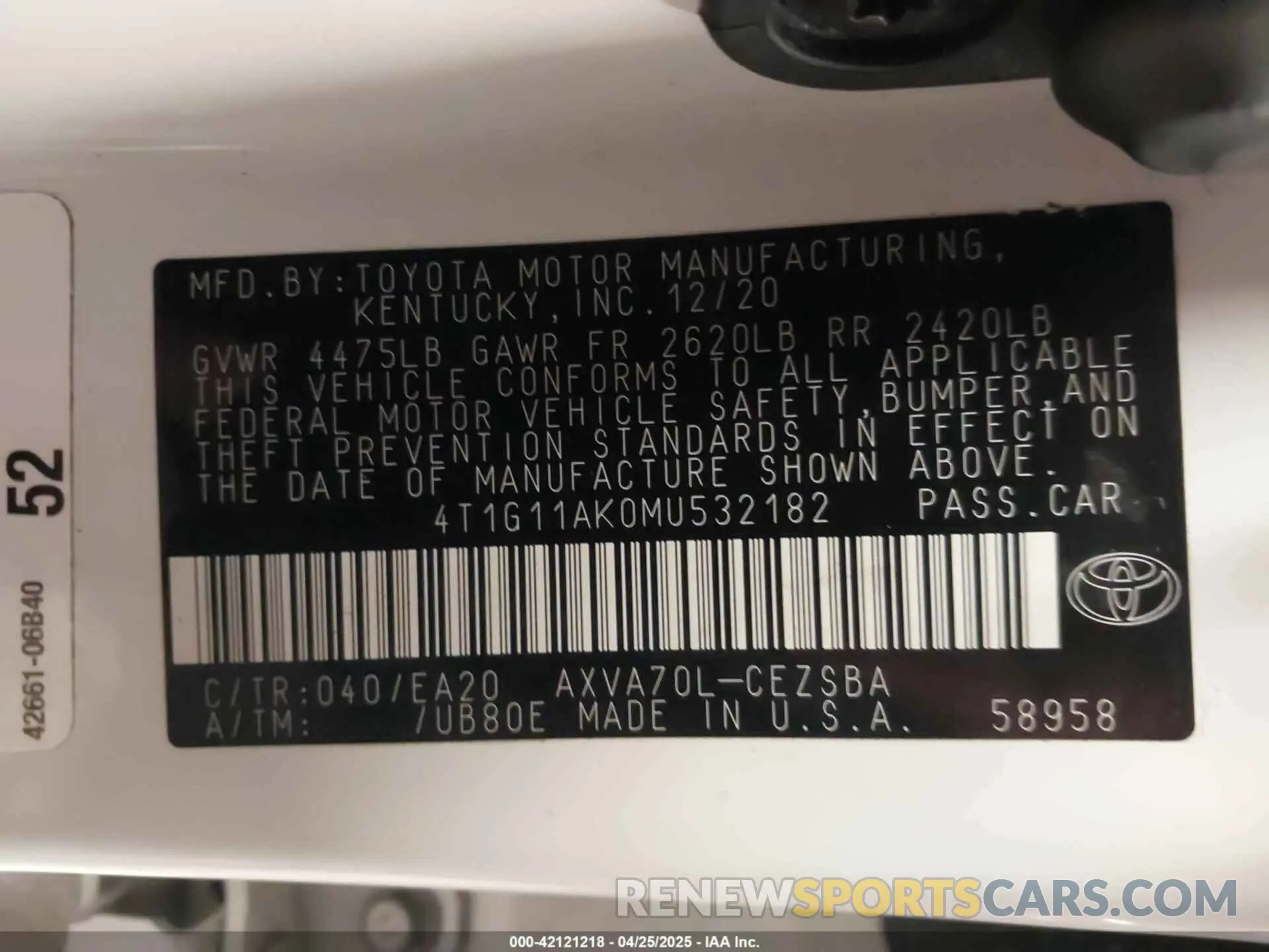 9 Photograph of a damaged car 4T1G11AK0MU532182 TOYOTA CAMRY 2021