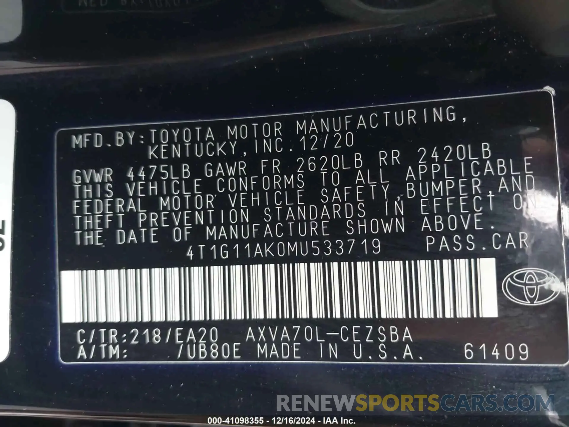 9 Photograph of a damaged car 4T1G11AK0MU533719 TOYOTA CAMRY 2021