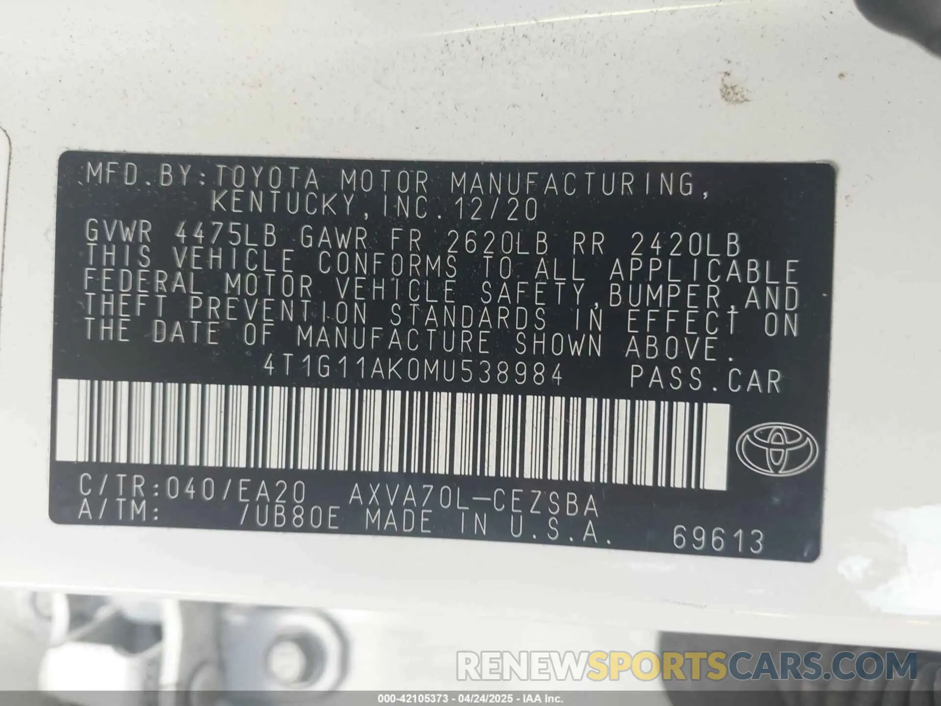 9 Photograph of a damaged car 4T1G11AK0MU538984 TOYOTA CAMRY 2021