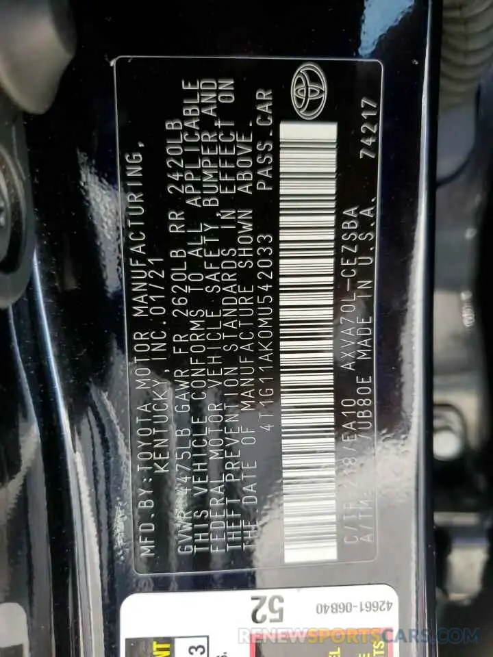 12 Photograph of a damaged car 4T1G11AK0MU542033 TOYOTA CAMRY 2021
