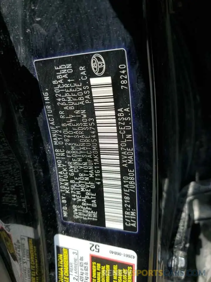 12 Photograph of a damaged car 4T1G11AK0MU544753 TOYOTA CAMRY 2021