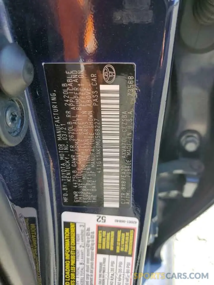 12 Photograph of a damaged car 4T1G11AK0MU568227 TOYOTA CAMRY 2021