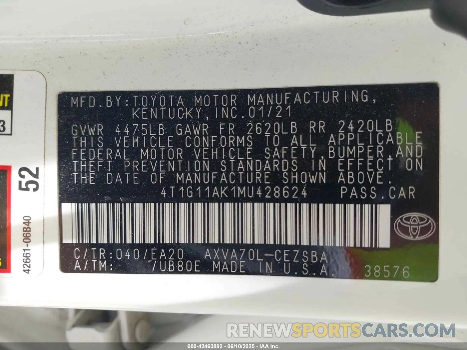 9 Photograph of a damaged car 4T1G11AK1MU428624 TOYOTA CAMRY 2021