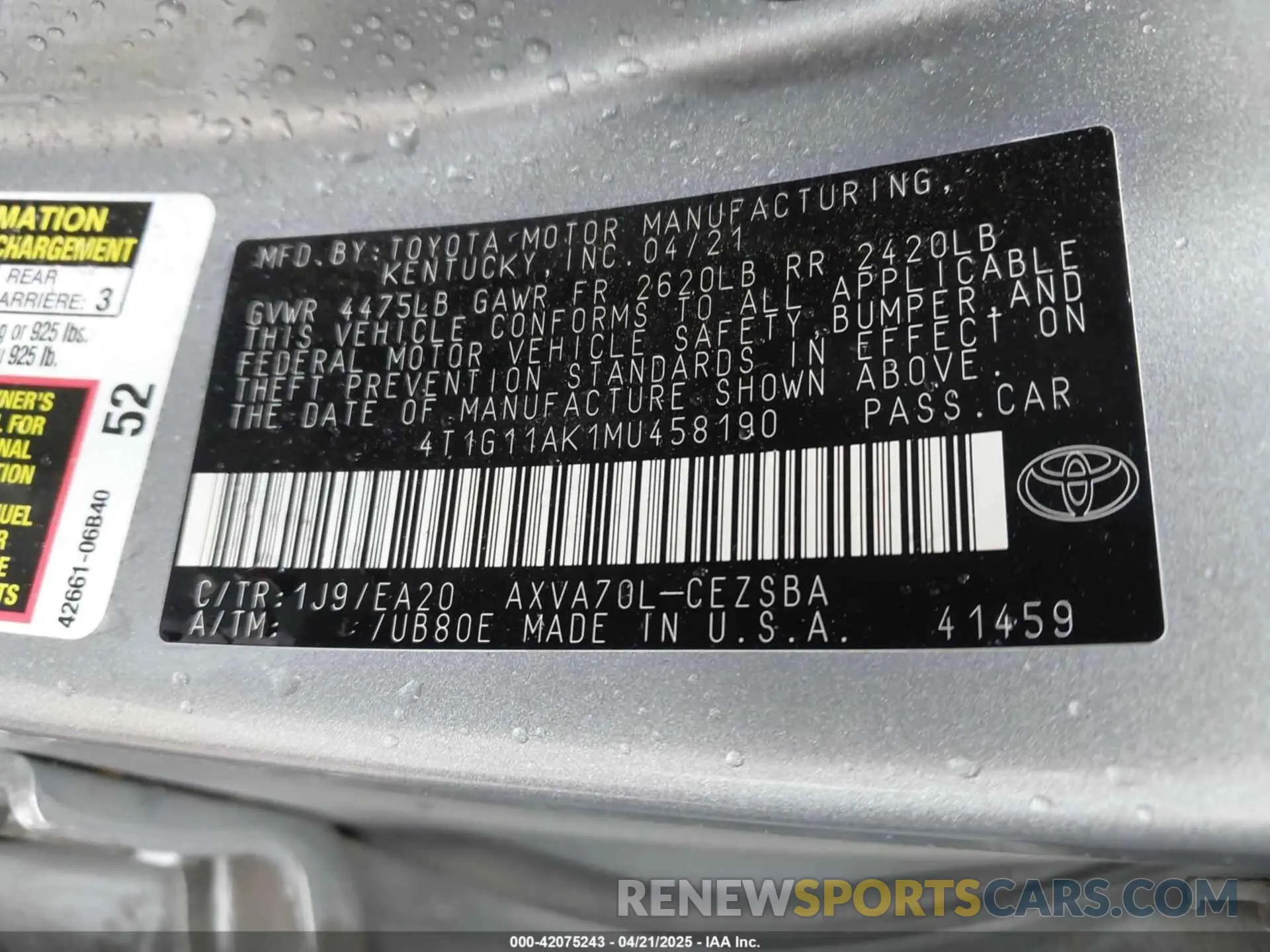 9 Photograph of a damaged car 4T1G11AK1MU458190 TOYOTA CAMRY 2021