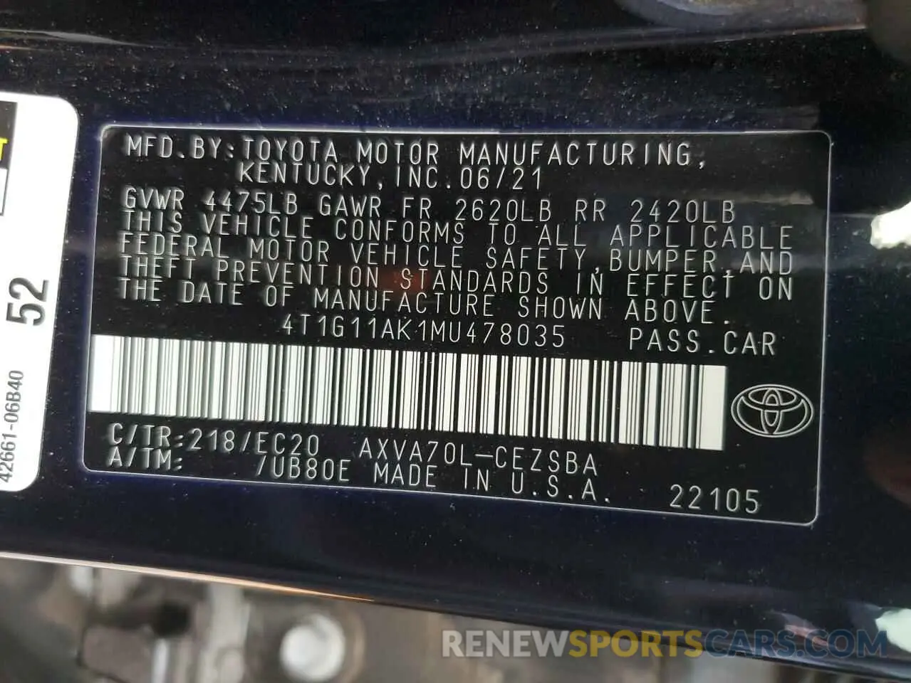 12 Photograph of a damaged car 4T1G11AK1MU478035 TOYOTA CAMRY 2021