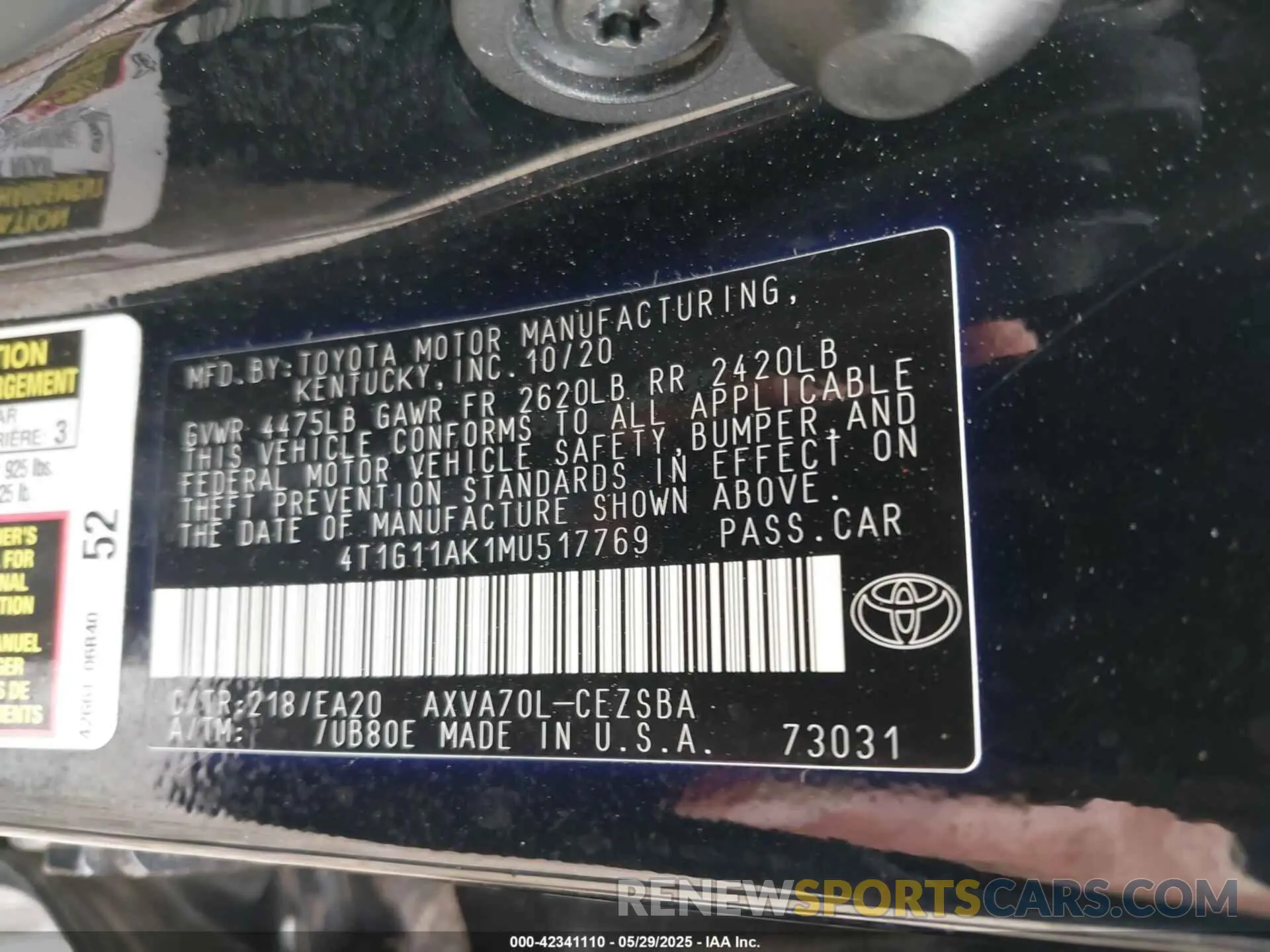 9 Photograph of a damaged car 4T1G11AK1MU517769 TOYOTA CAMRY 2021