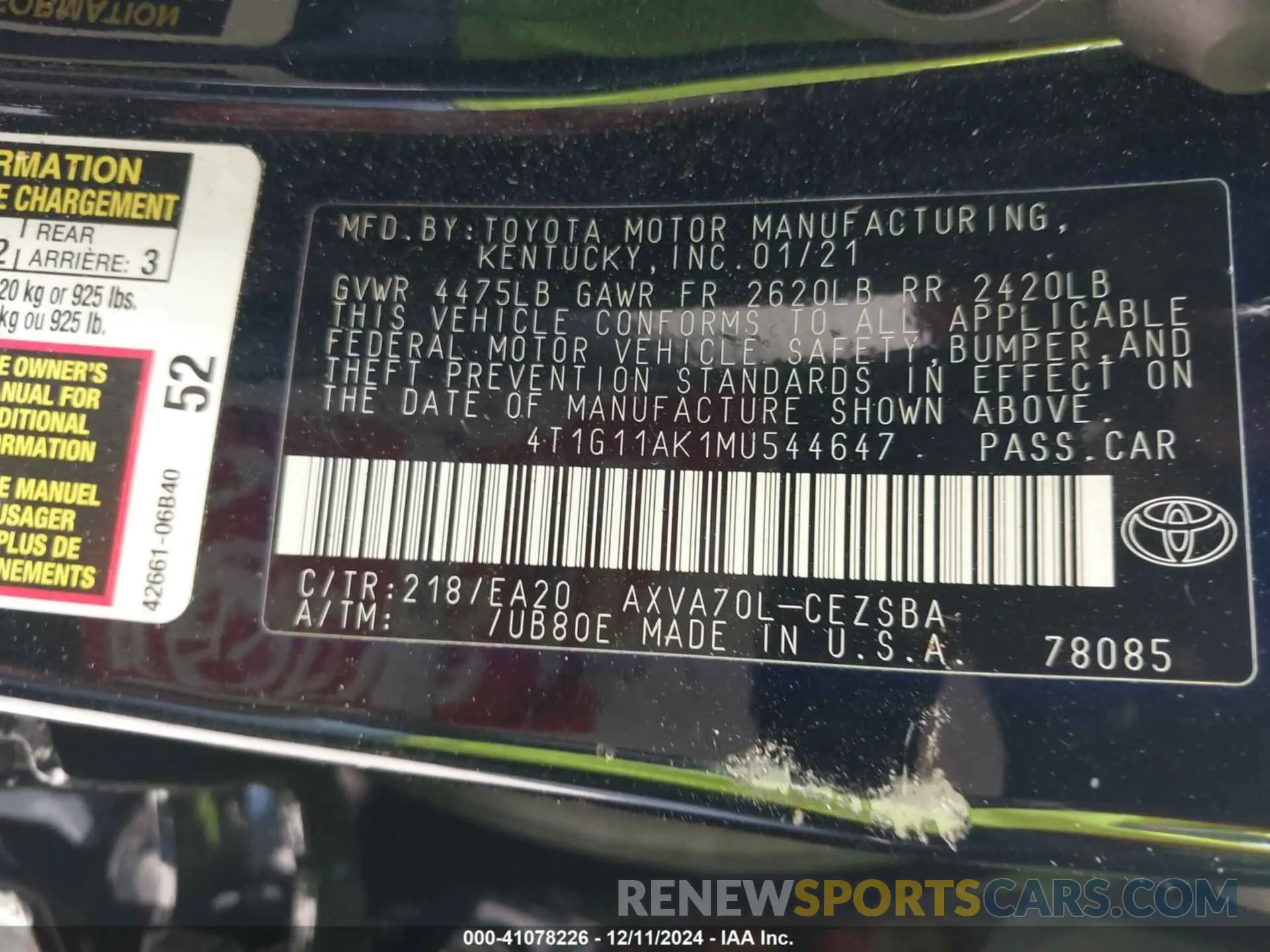 9 Photograph of a damaged car 4T1G11AK1MU544647 TOYOTA CAMRY 2021