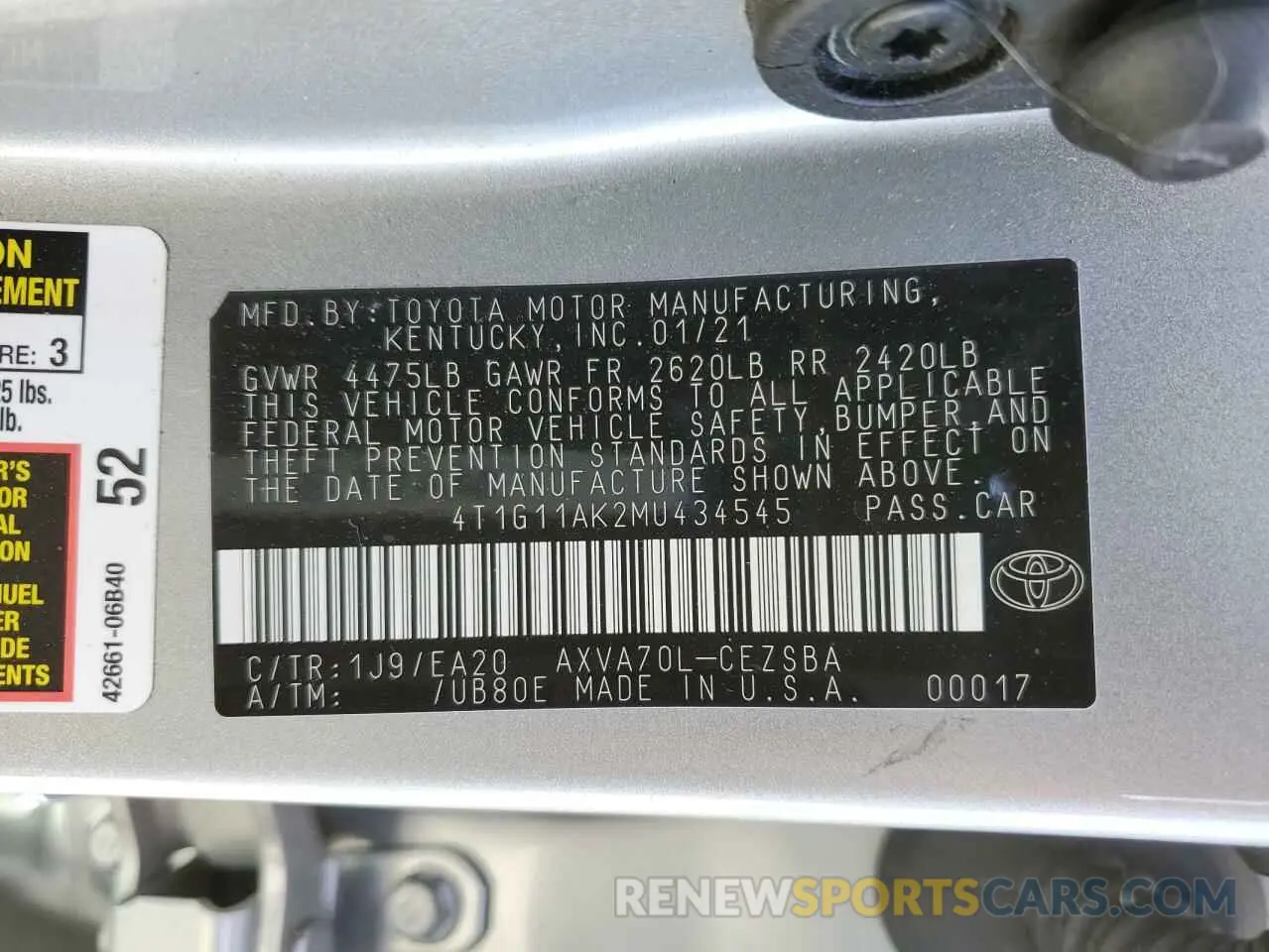 12 Photograph of a damaged car 4T1G11AK2MU434545 TOYOTA CAMRY 2021