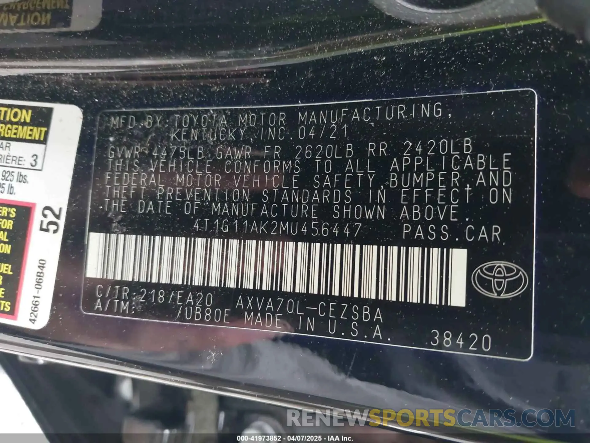 9 Photograph of a damaged car 4T1G11AK2MU456447 TOYOTA CAMRY 2021