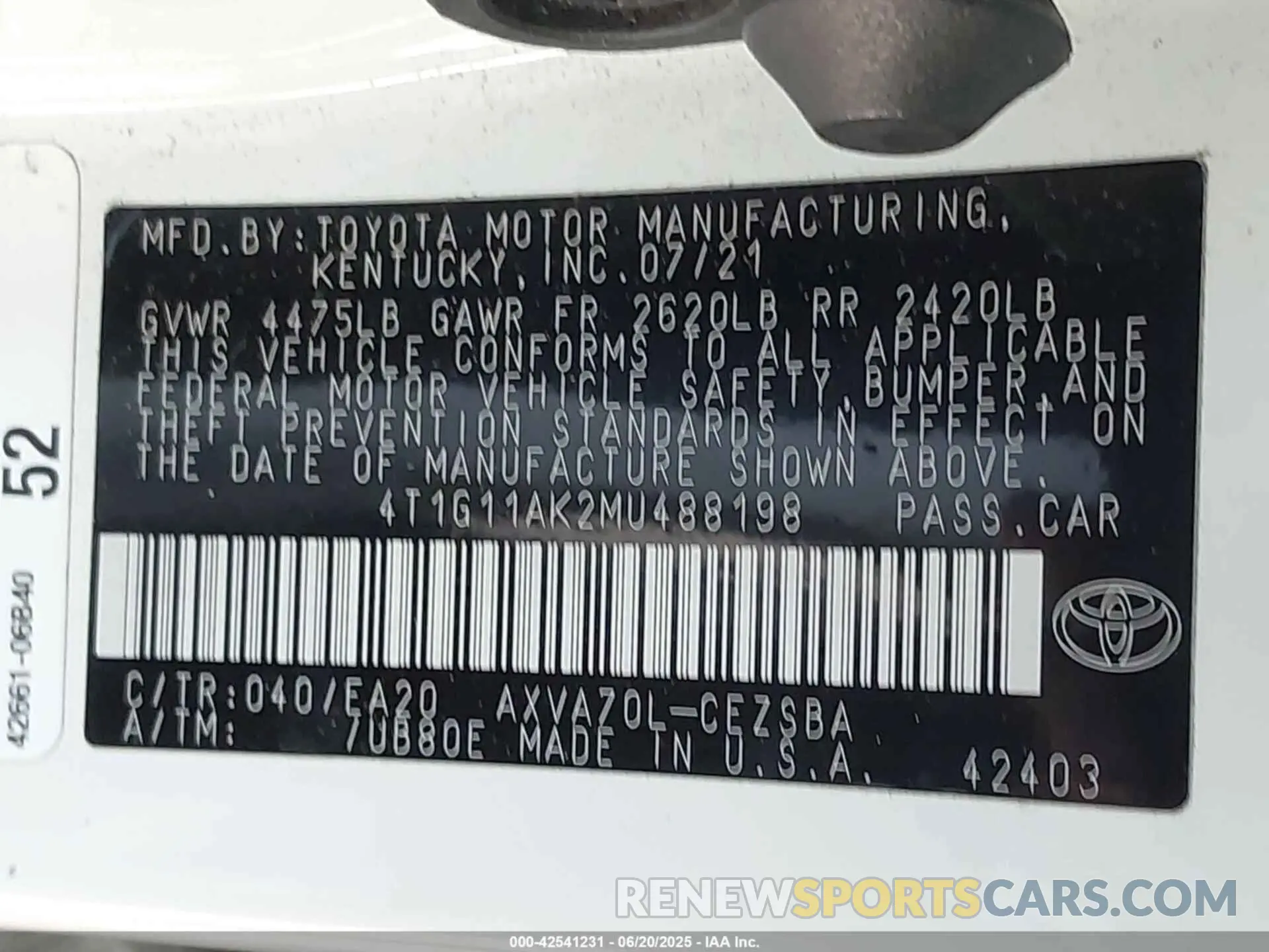 9 Photograph of a damaged car 4T1G11AK2MU488198 TOYOTA CAMRY 2021
