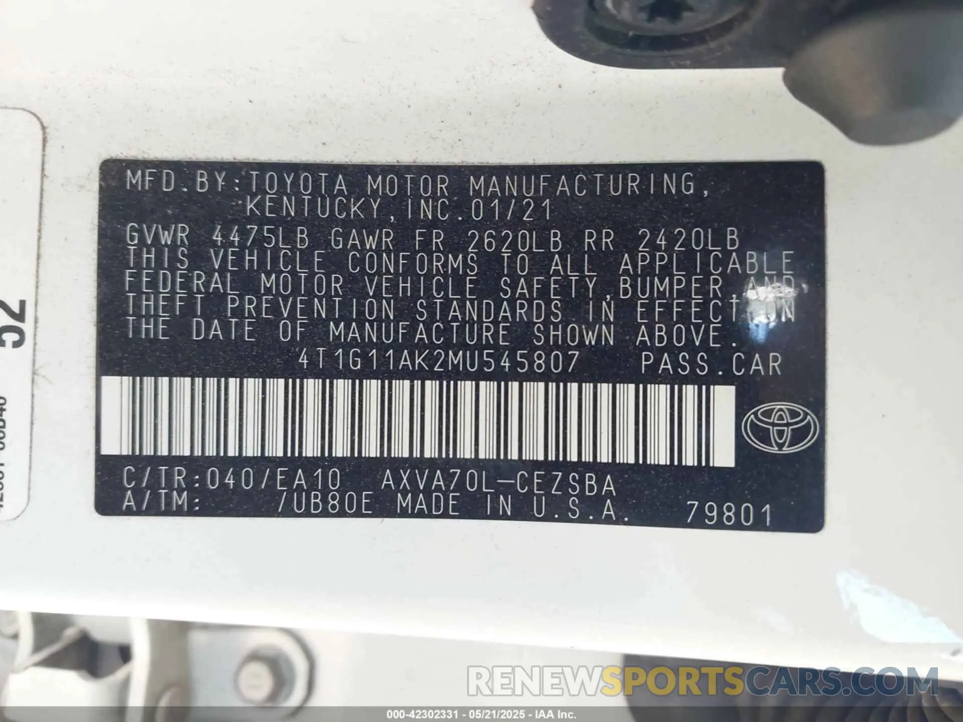9 Photograph of a damaged car 4T1G11AK2MU545807 TOYOTA CAMRY 2021