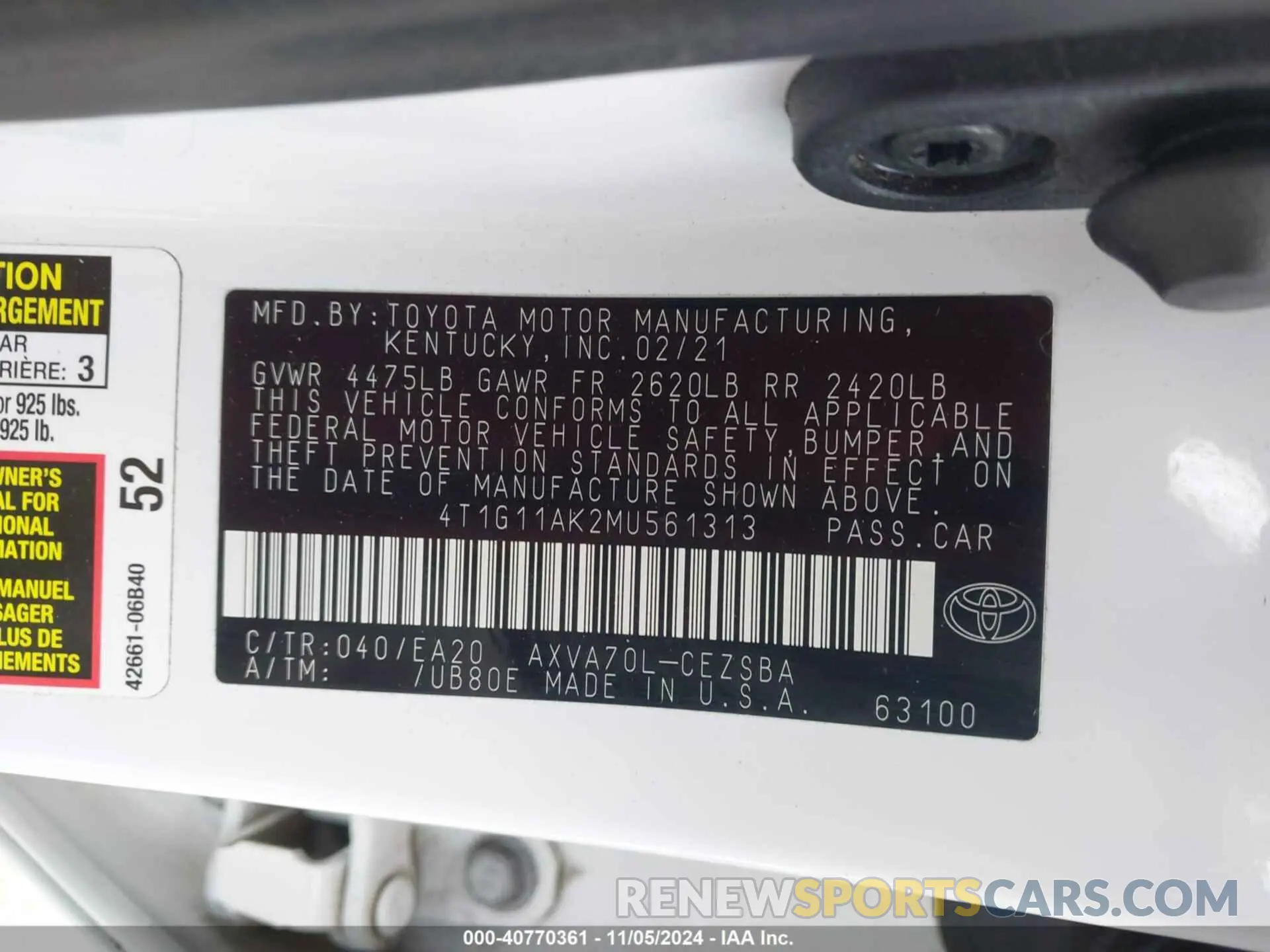 9 Photograph of a damaged car 4T1G11AK2MU561313 TOYOTA CAMRY 2021