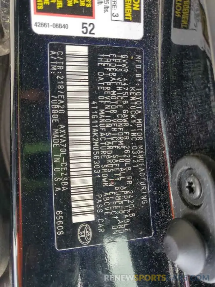 12 Photograph of a damaged car 4T1G11AK2MU563031 TOYOTA CAMRY 2021