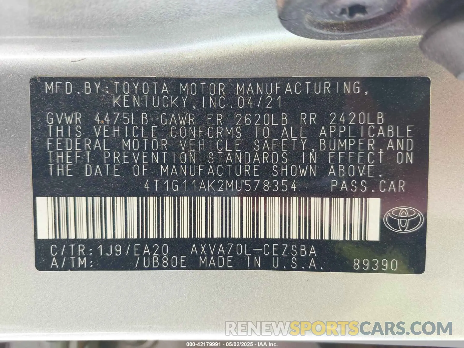 9 Photograph of a damaged car 4T1G11AK2MU578354 TOYOTA CAMRY 2021