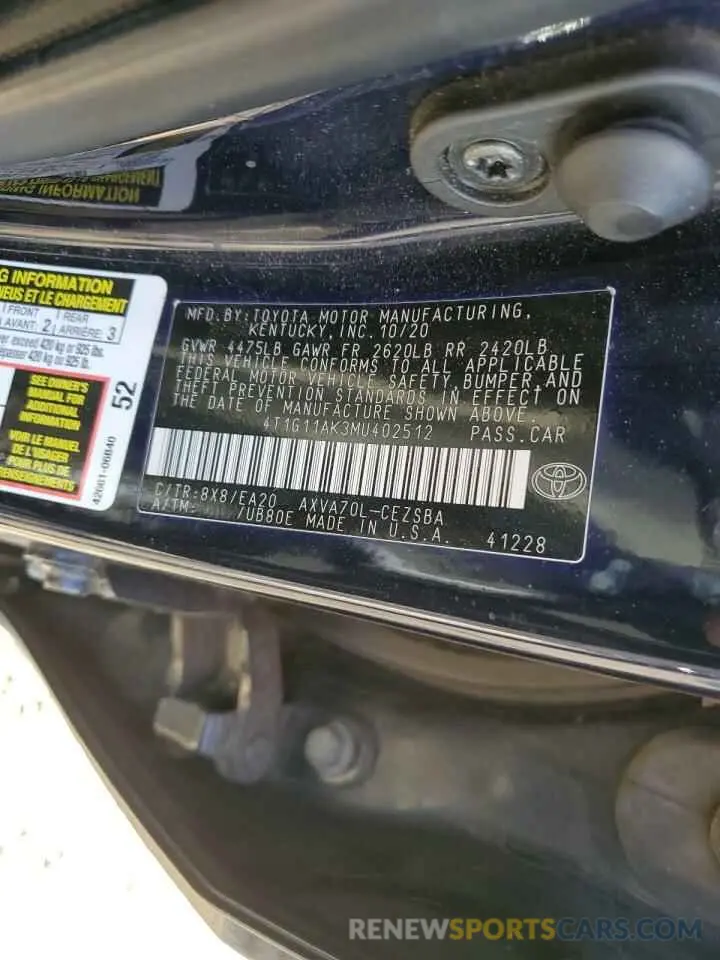 12 Photograph of a damaged car 4T1G11AK3MU402512 TOYOTA CAMRY 2021