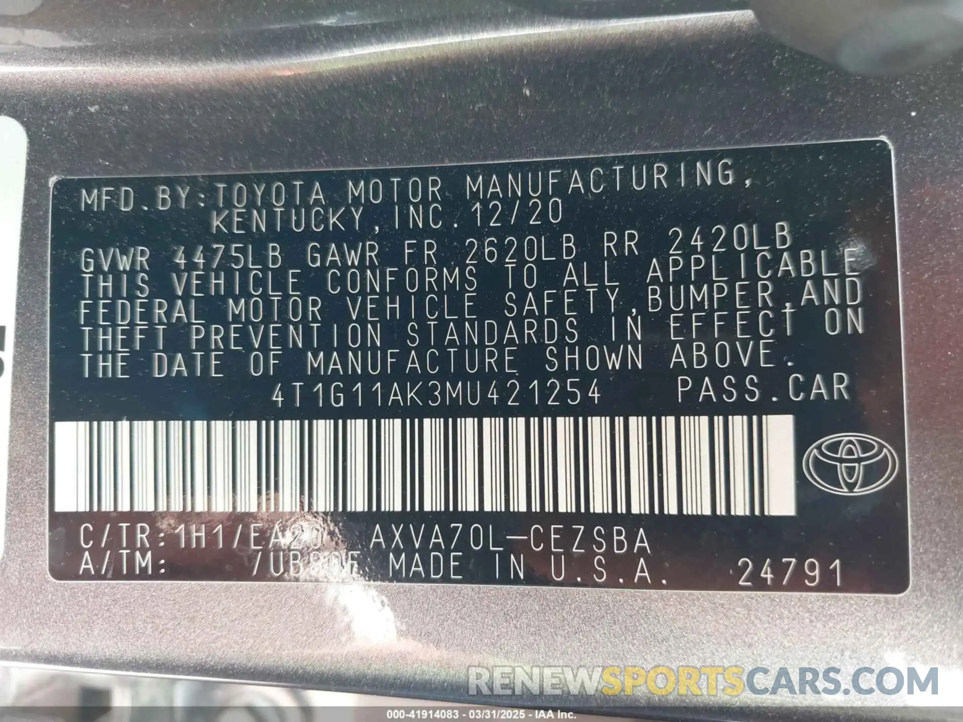 9 Photograph of a damaged car 4T1G11AK3MU421254 TOYOTA CAMRY 2021
