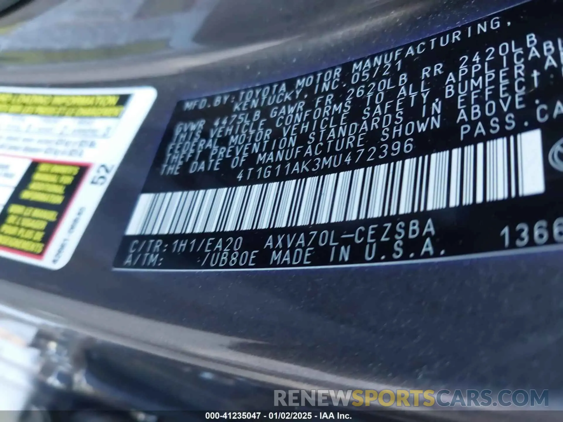 9 Photograph of a damaged car 4T1G11AK3MU472396 TOYOTA CAMRY 2021
