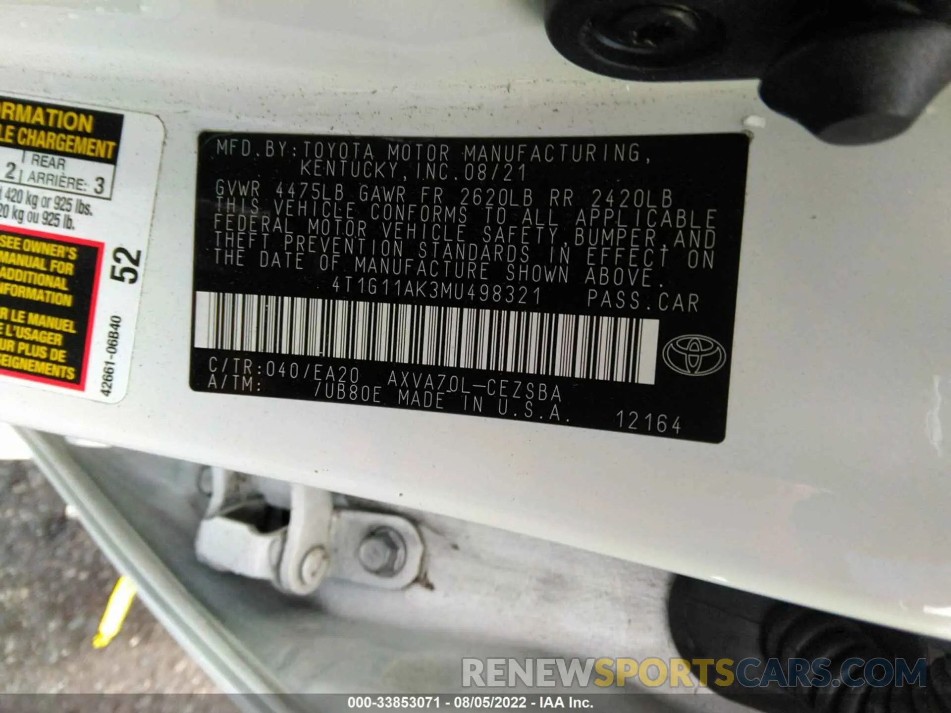 9 Photograph of a damaged car 4T1G11AK3MU498321 TOYOTA CAMRY 2021