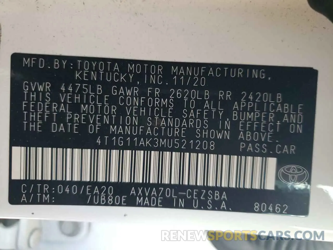 12 Photograph of a damaged car 4T1G11AK3MU521208 TOYOTA CAMRY 2021