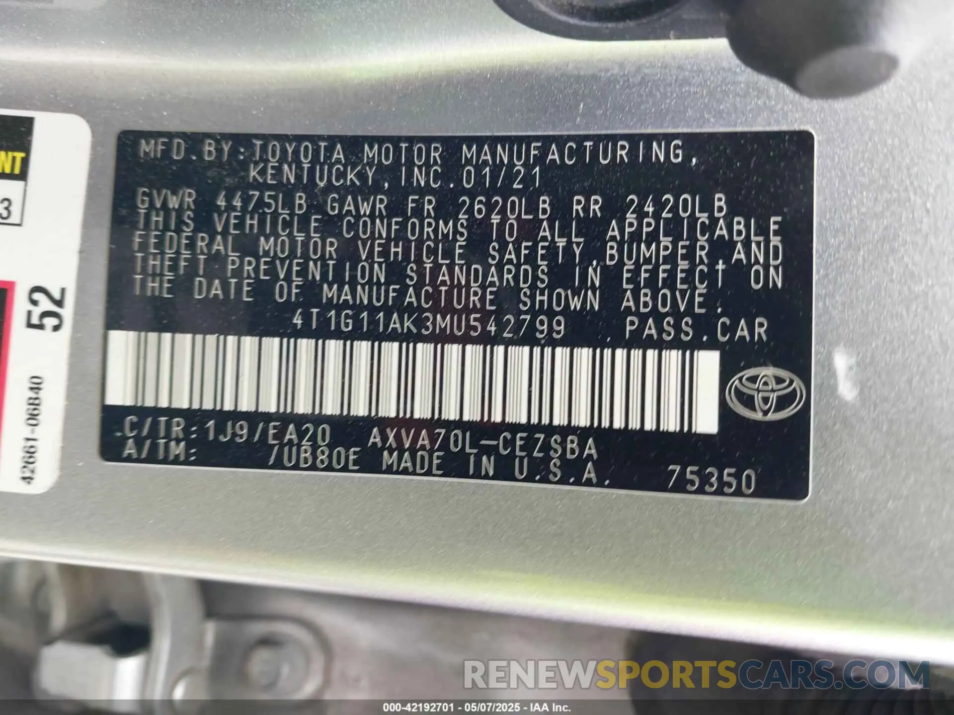 9 Photograph of a damaged car 4T1G11AK3MU542799 TOYOTA CAMRY 2021