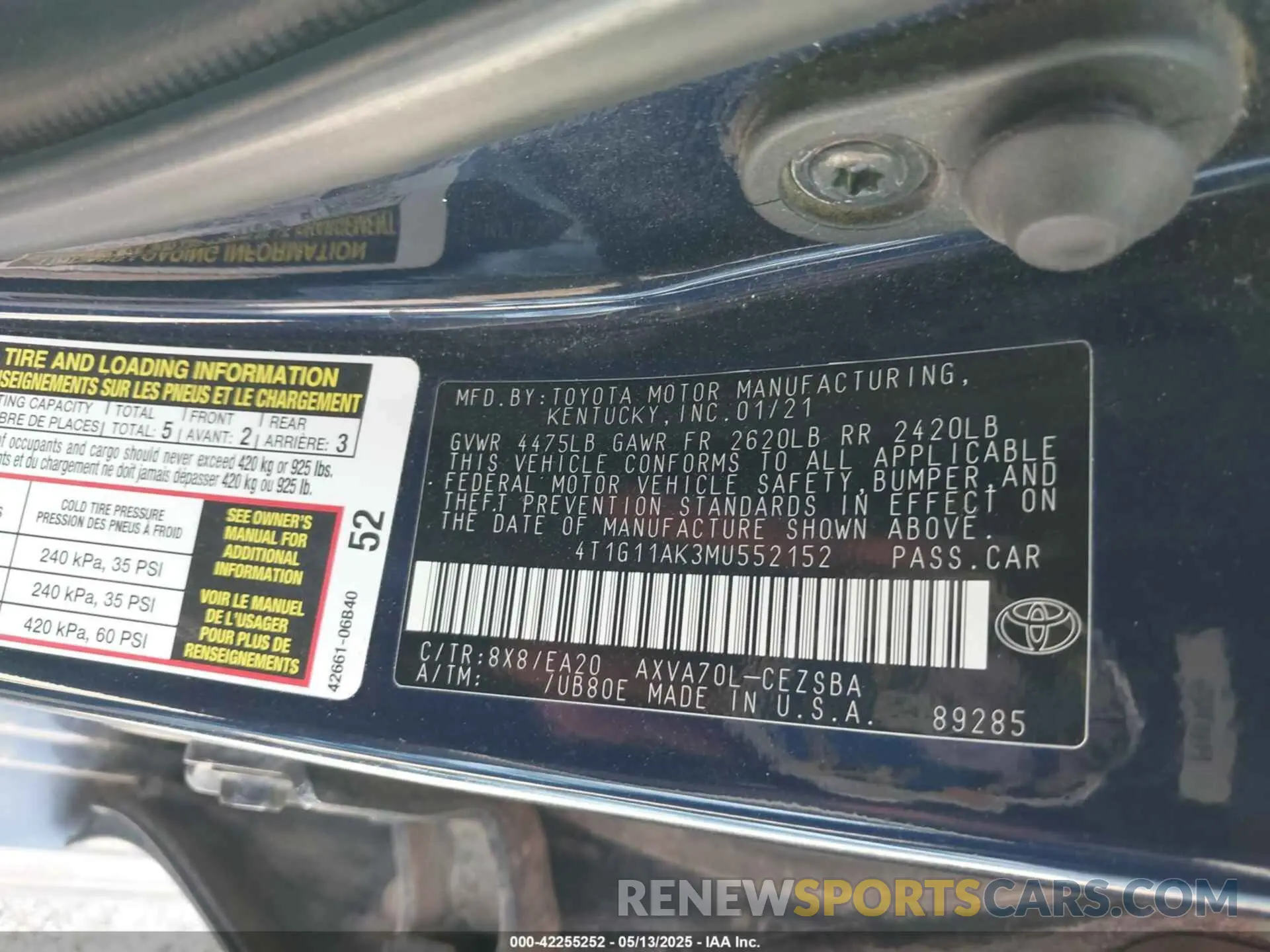 9 Photograph of a damaged car 4T1G11AK3MU552152 TOYOTA CAMRY 2021
