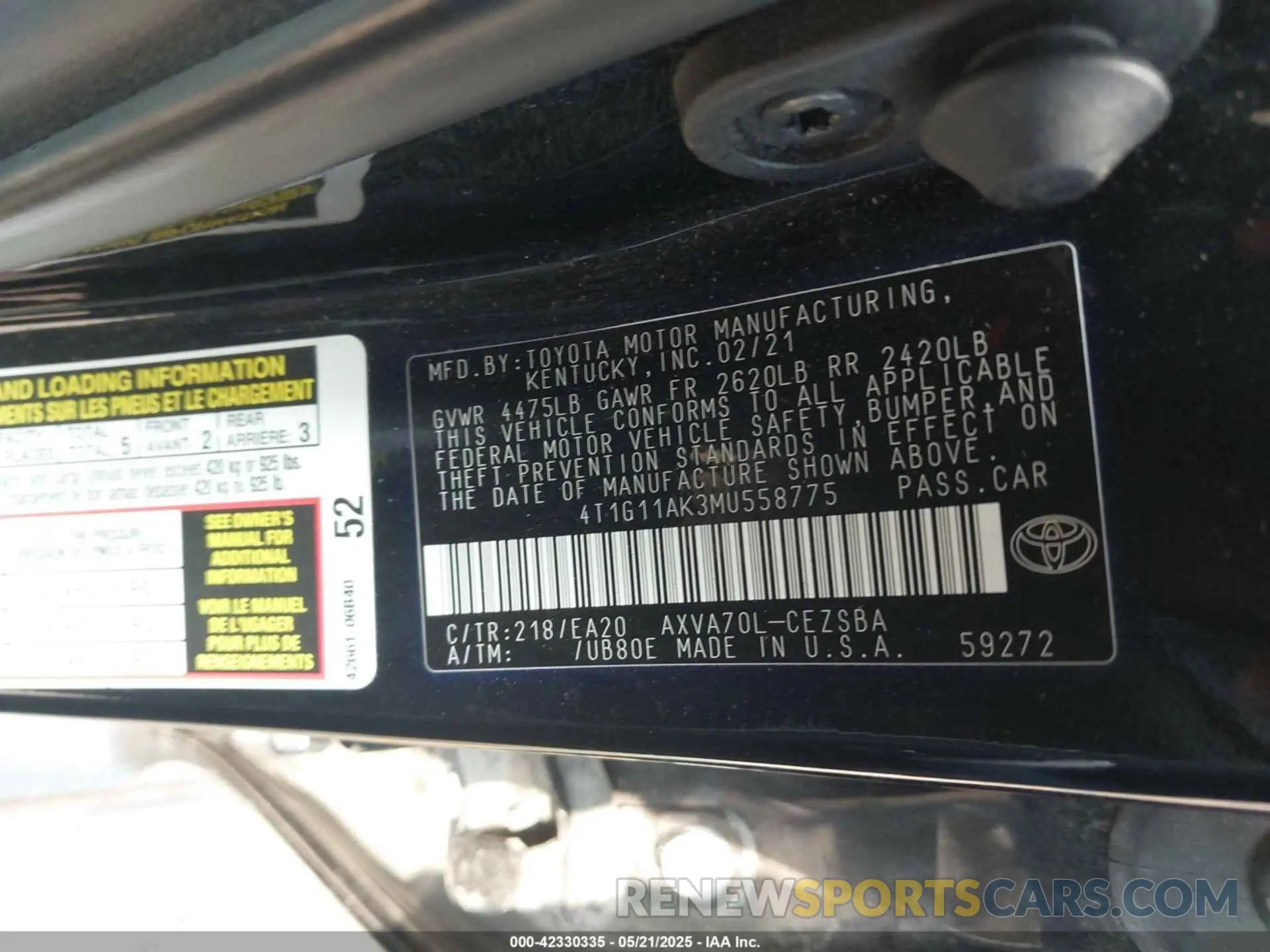 9 Photograph of a damaged car 4T1G11AK3MU558775 TOYOTA CAMRY 2021