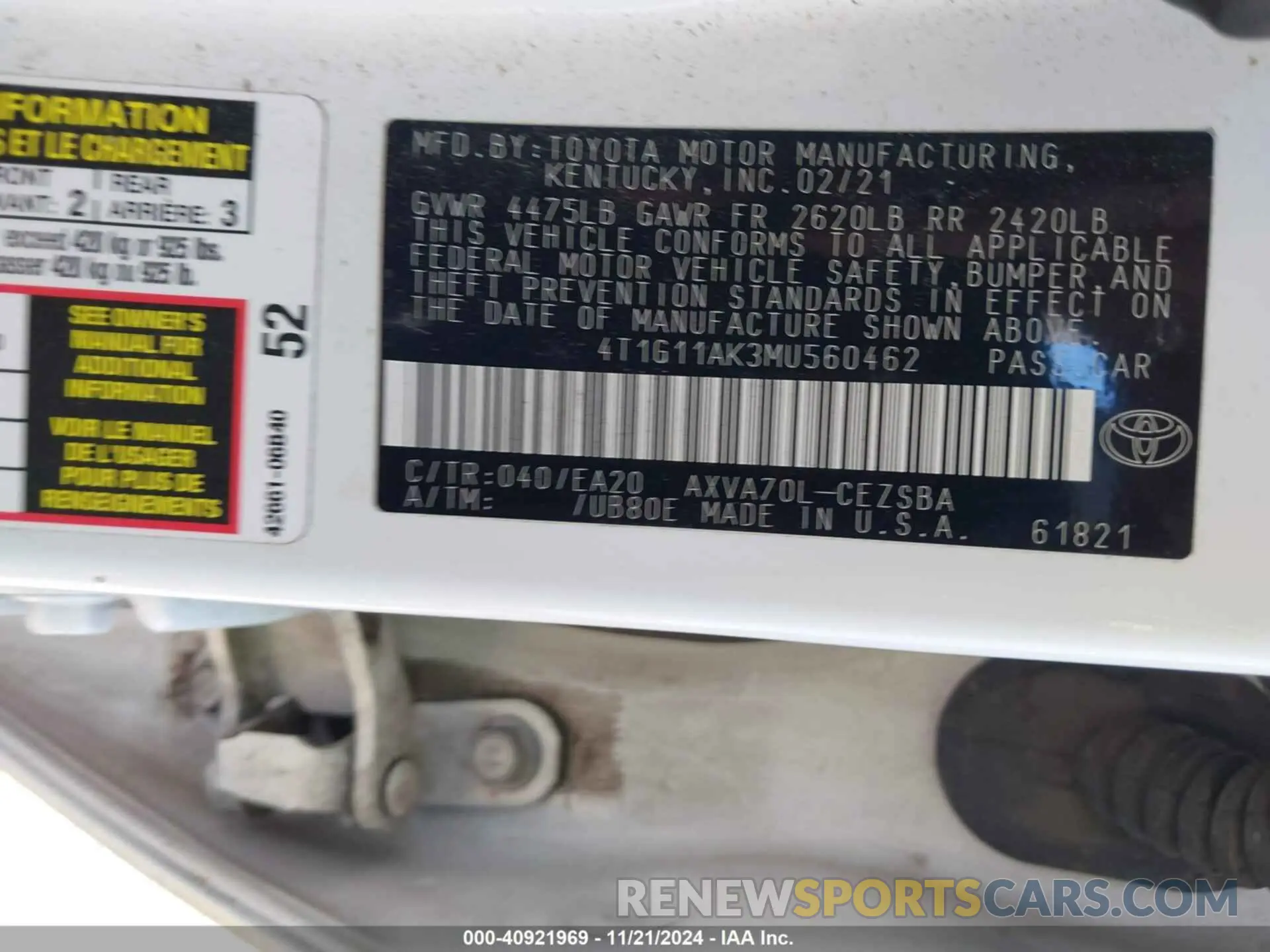 9 Photograph of a damaged car 4T1G11AK3MU560462 TOYOTA CAMRY 2021
