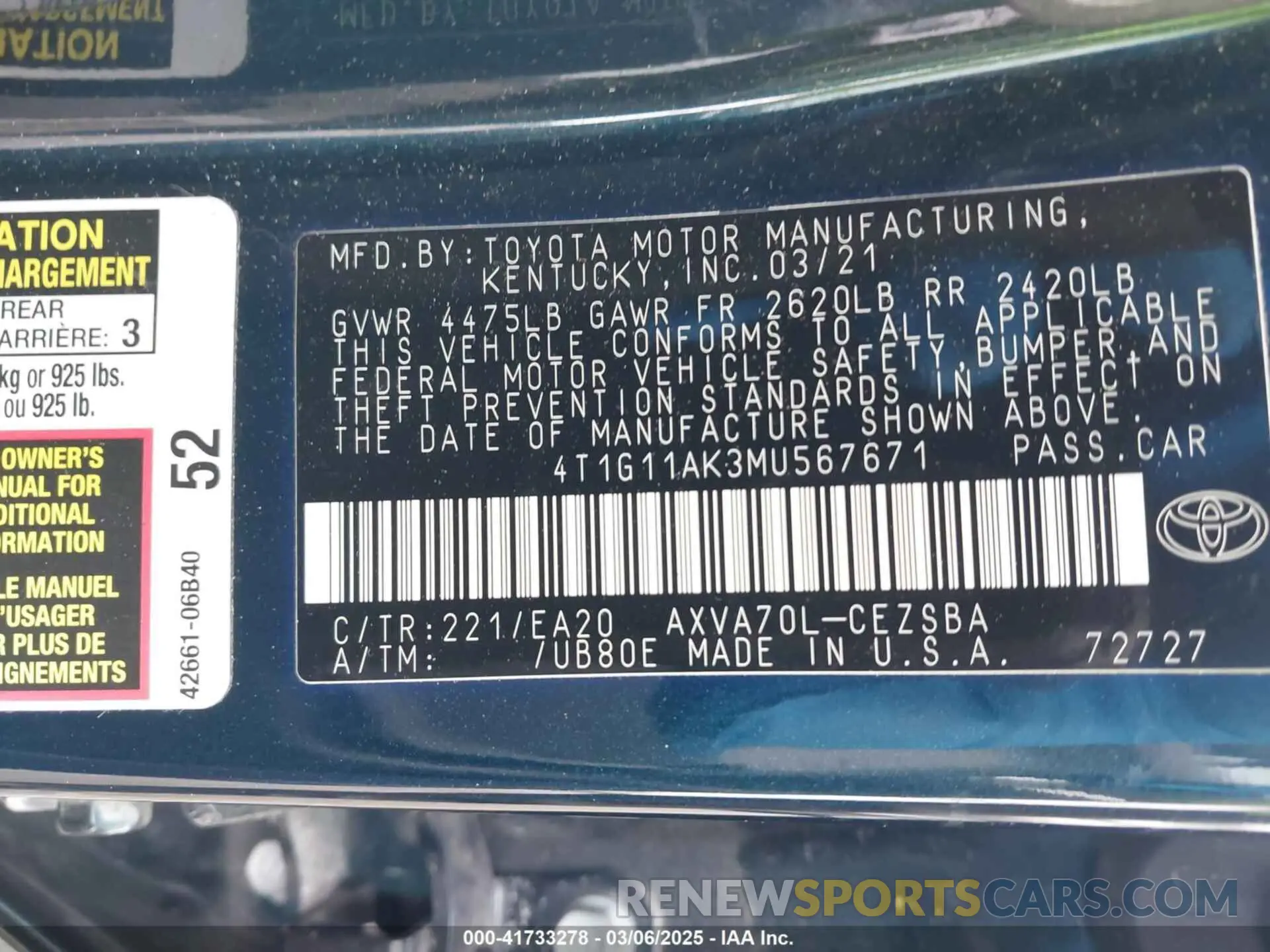 9 Photograph of a damaged car 4T1G11AK3MU567671 TOYOTA CAMRY 2021