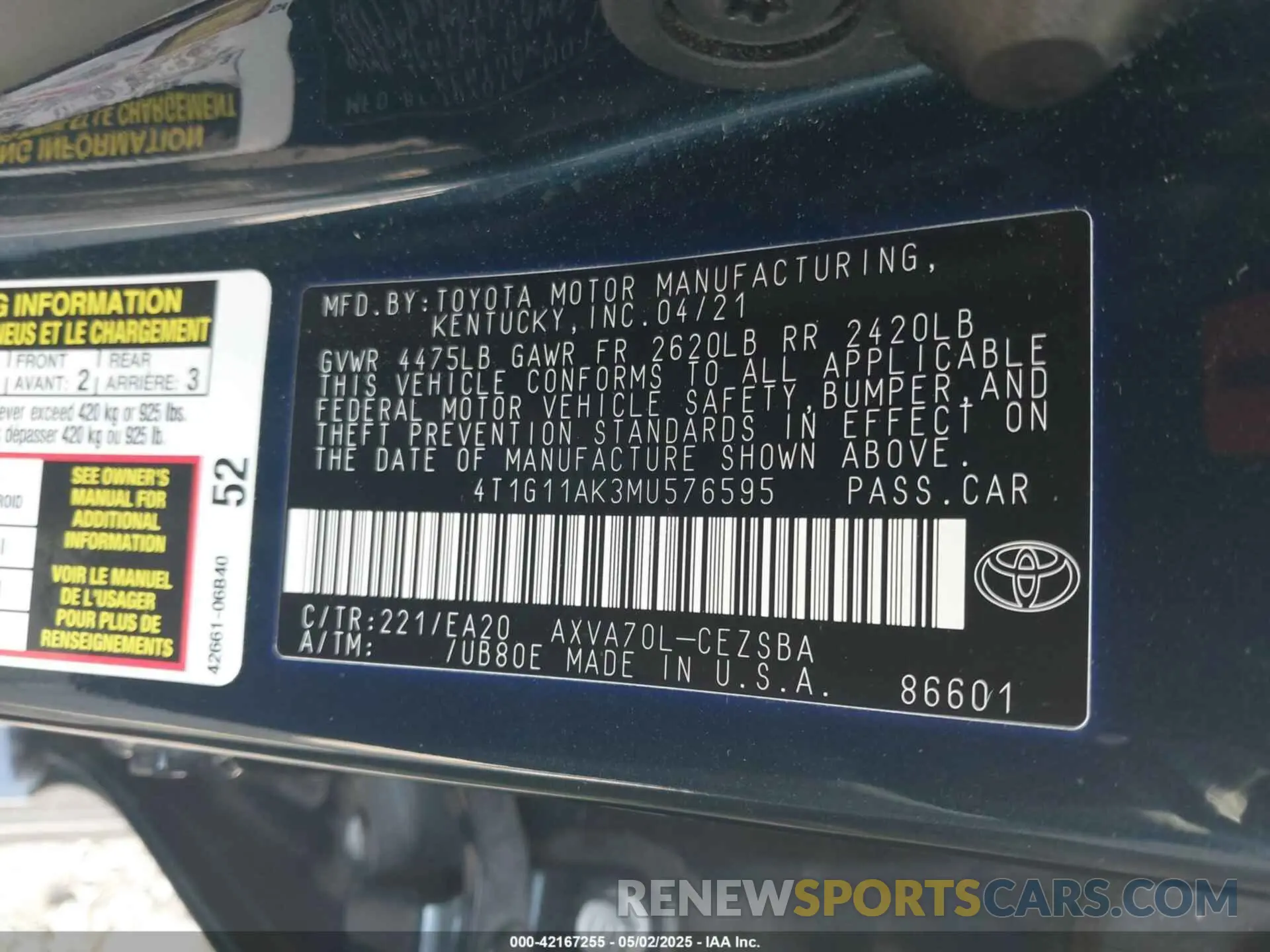 9 Photograph of a damaged car 4T1G11AK3MU576595 TOYOTA CAMRY 2021