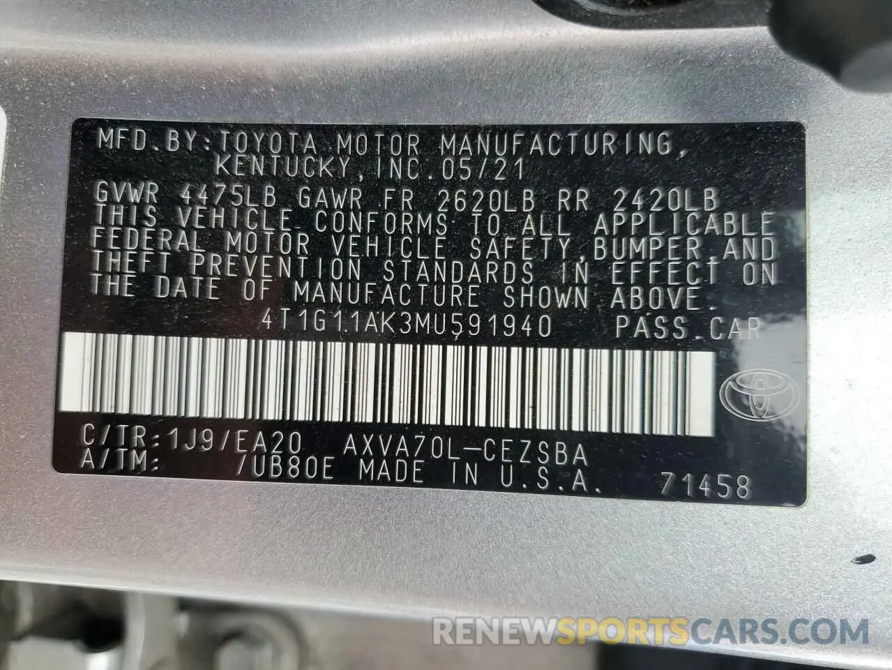 12 Photograph of a damaged car 4T1G11AK3MU591940 TOYOTA CAMRY 2021