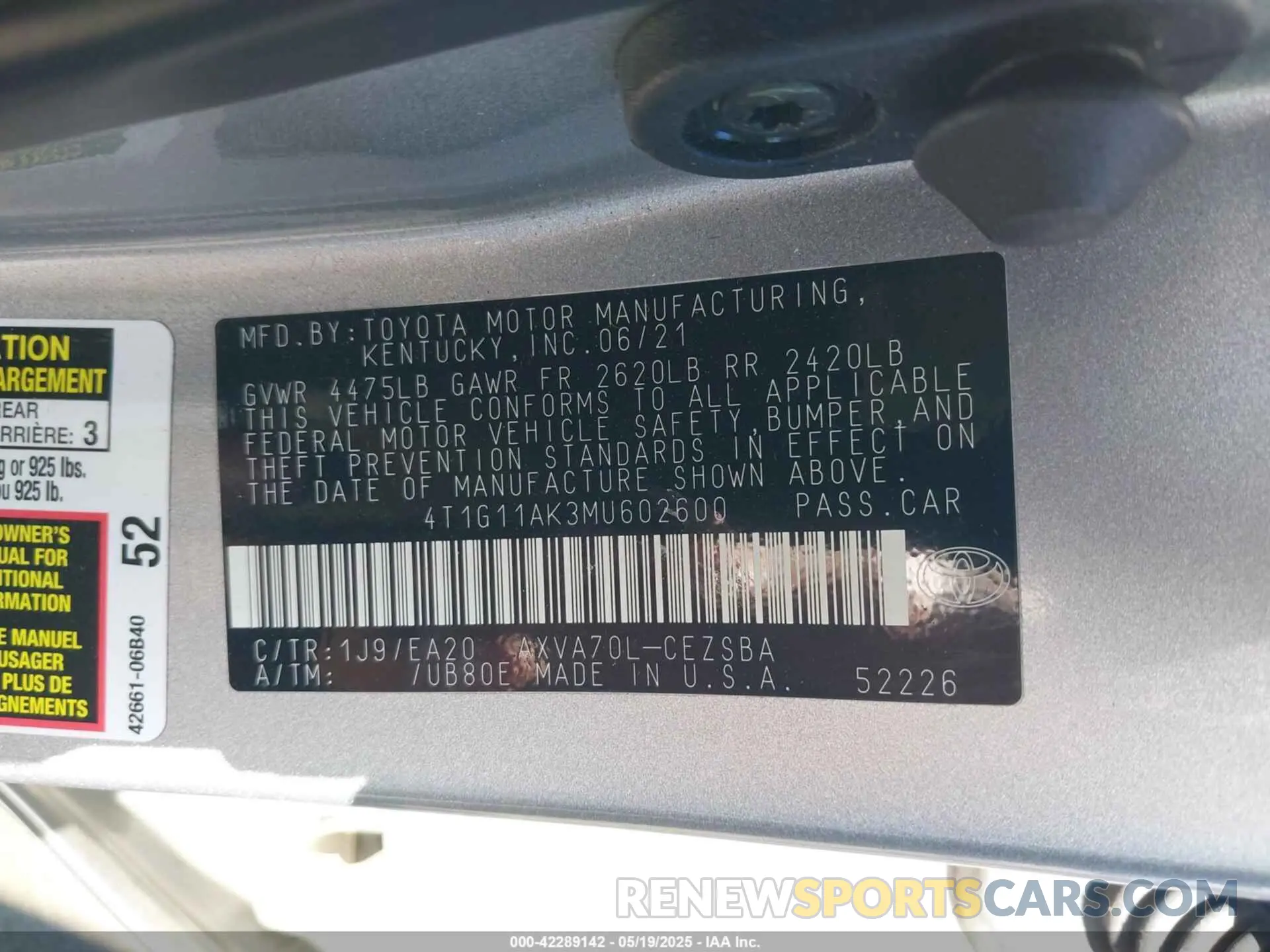 9 Photograph of a damaged car 4T1G11AK3MU602600 TOYOTA CAMRY 2021