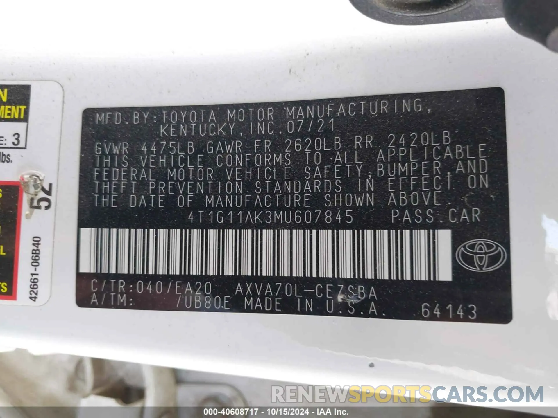 9 Photograph of a damaged car 4T1G11AK3MU607845 TOYOTA CAMRY 2021
