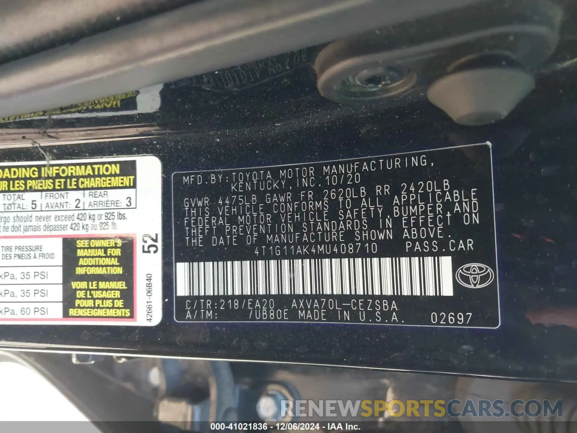 9 Photograph of a damaged car 4T1G11AK4MU408710 TOYOTA CAMRY 2021