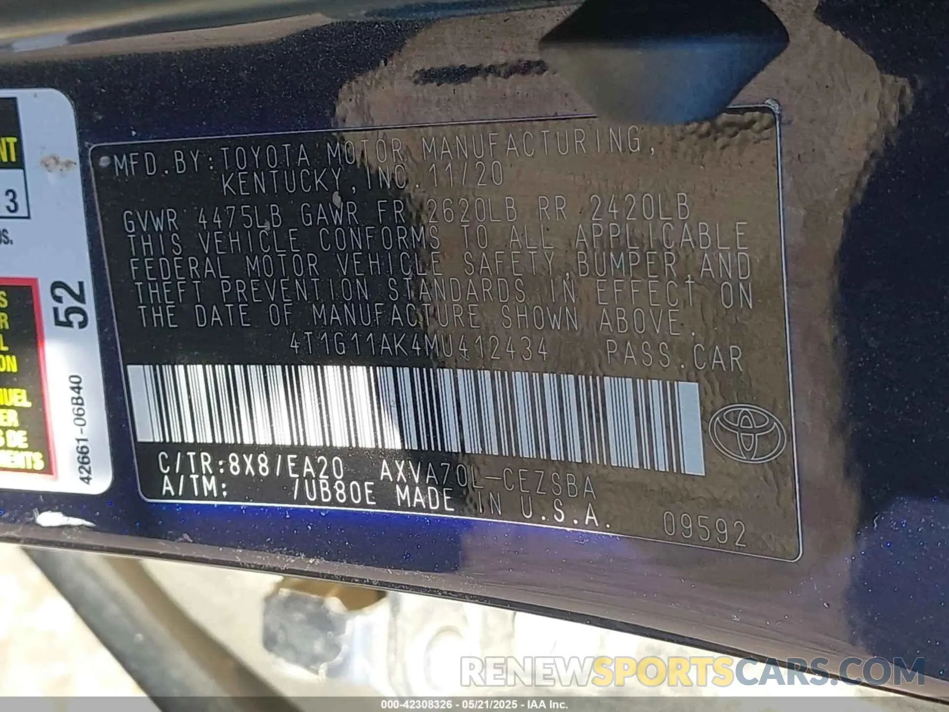 9 Photograph of a damaged car 4T1G11AK4MU412434 TOYOTA CAMRY 2021