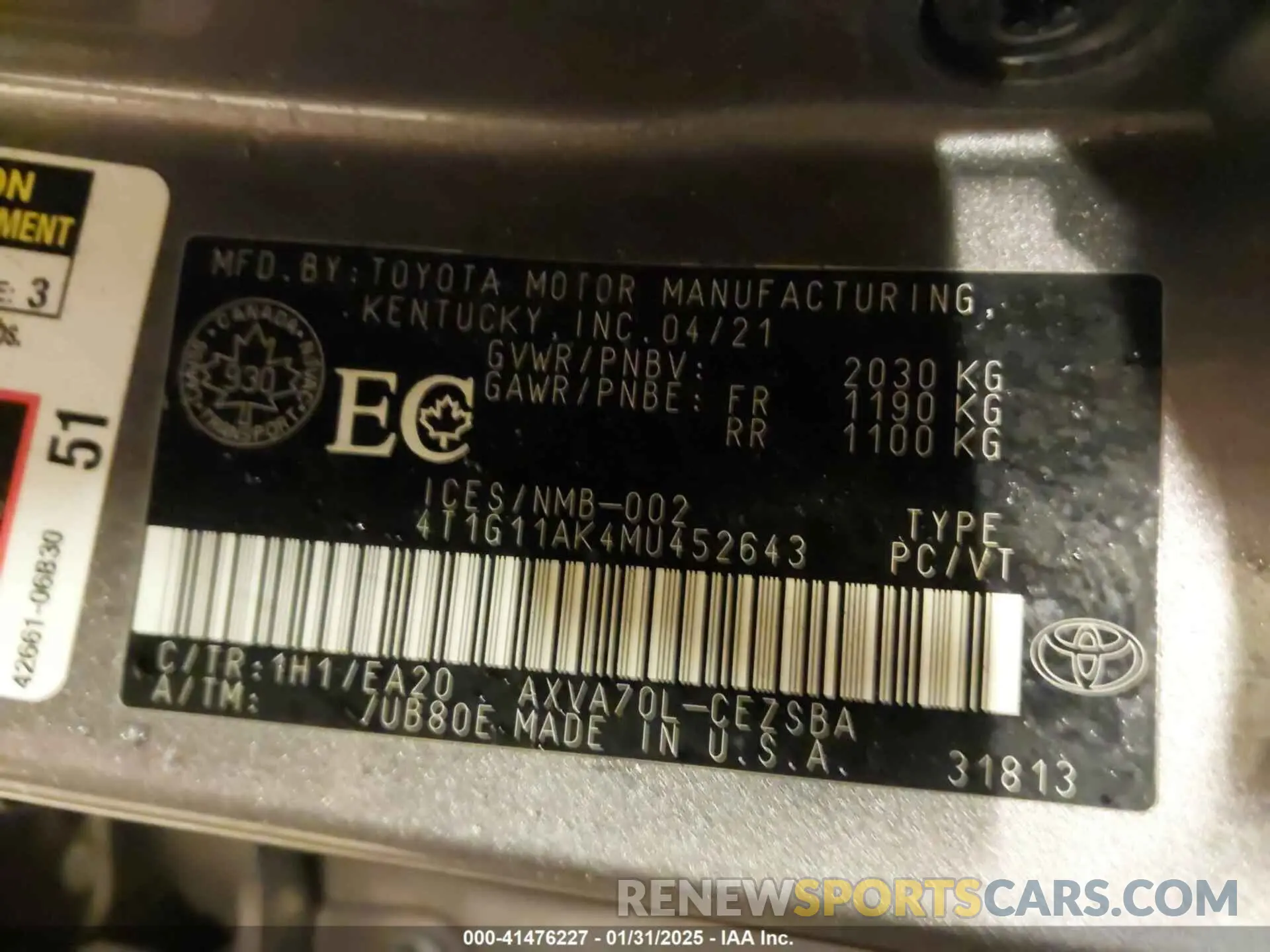 9 Photograph of a damaged car 4T1G11AK4MU452643 TOYOTA CAMRY 2021