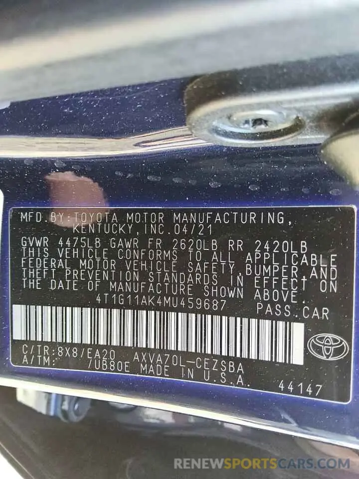 12 Photograph of a damaged car 4T1G11AK4MU459687 TOYOTA CAMRY 2021