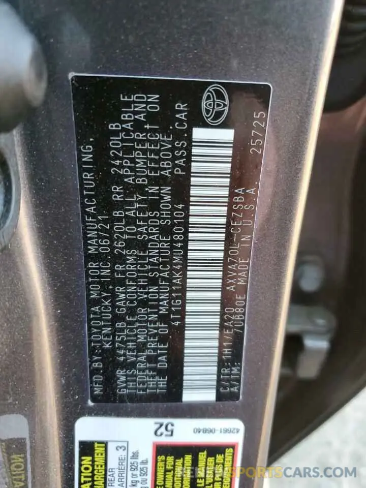 12 Photograph of a damaged car 4T1G11AK4MU480104 TOYOTA CAMRY 2021