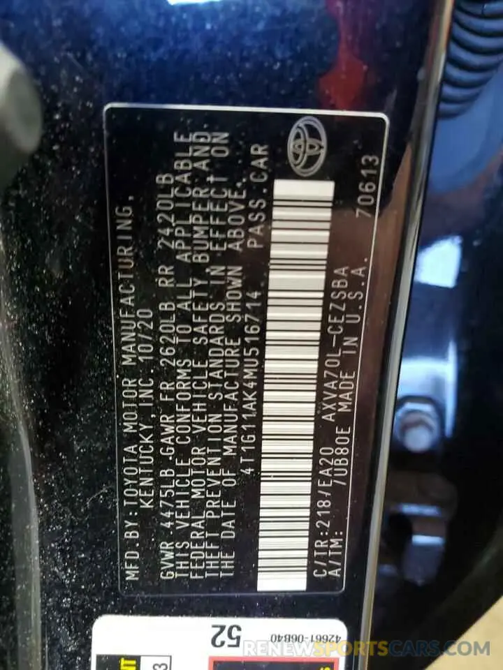 12 Photograph of a damaged car 4T1G11AK4MU516714 TOYOTA CAMRY 2021