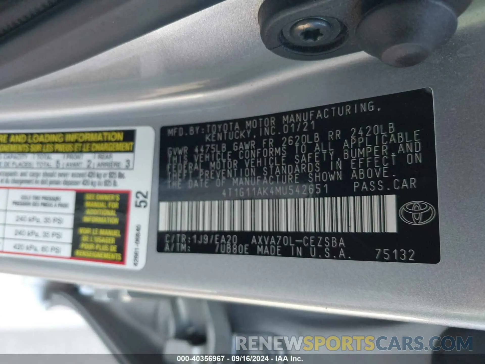 9 Photograph of a damaged car 4T1G11AK4MU542651 TOYOTA CAMRY 2021