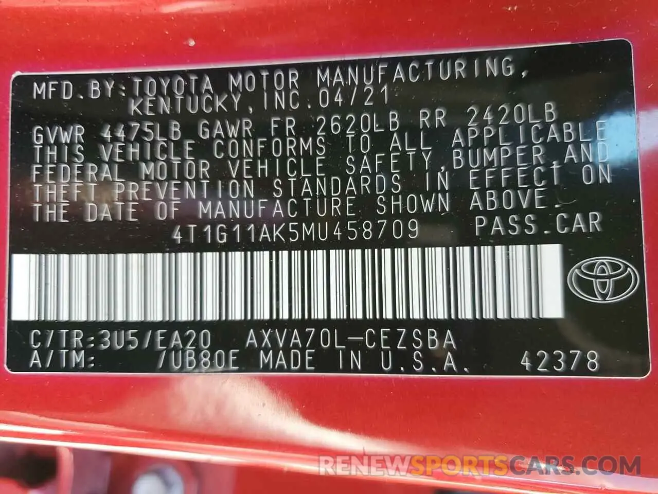 13 Photograph of a damaged car 4T1G11AK5MU458709 TOYOTA CAMRY 2021