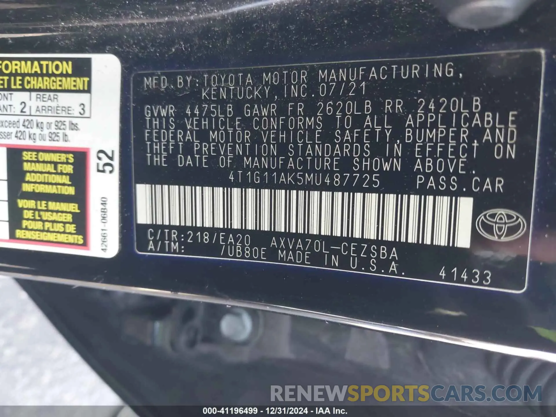 9 Photograph of a damaged car 4T1G11AK5MU487725 TOYOTA CAMRY 2021