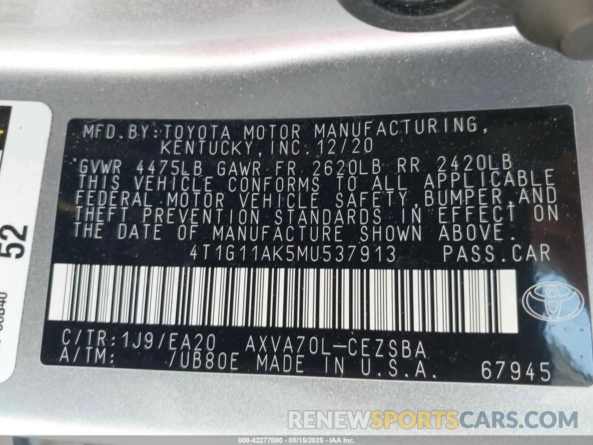 9 Photograph of a damaged car 4T1G11AK5MU537913 TOYOTA CAMRY 2021