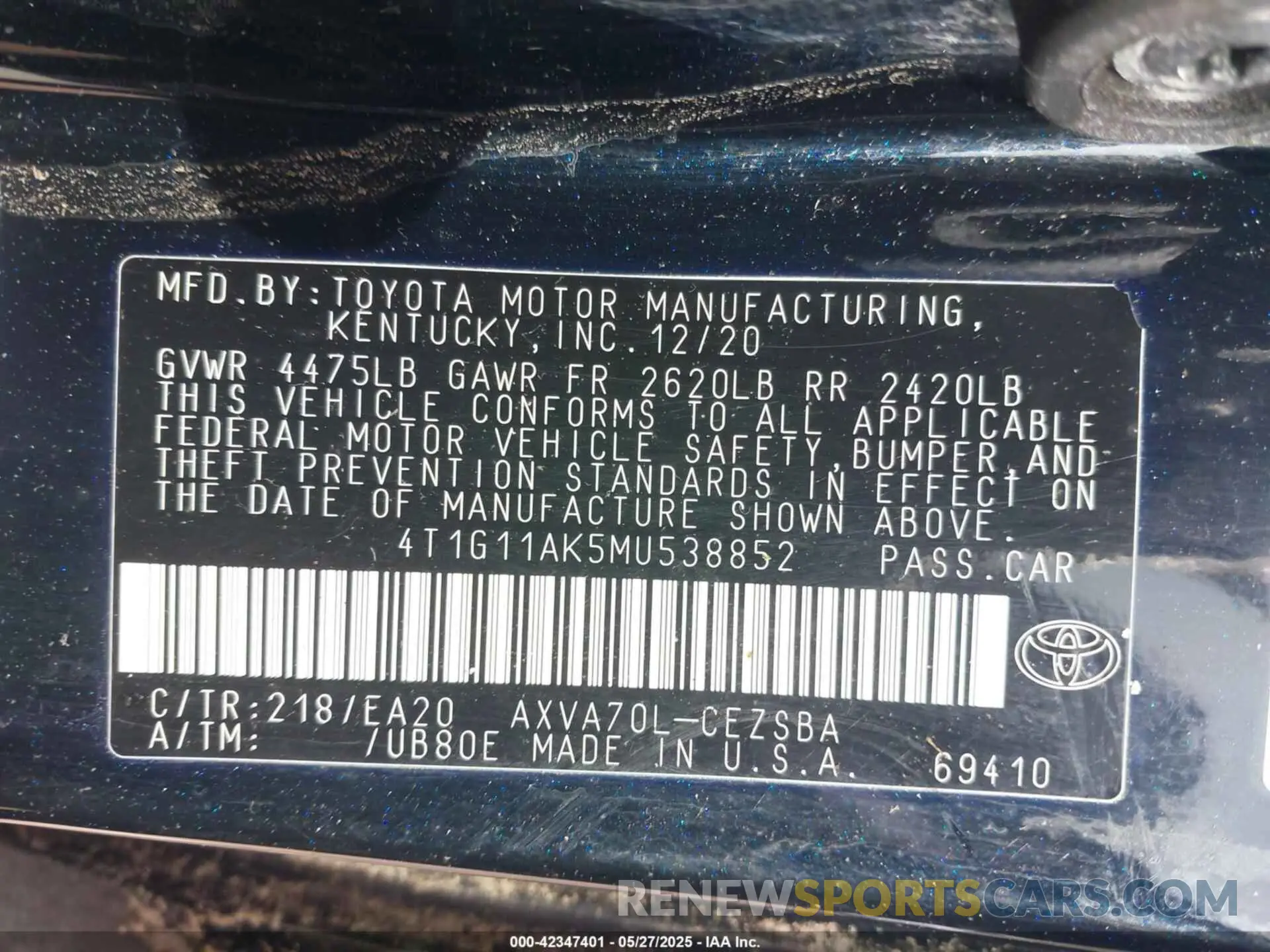 9 Photograph of a damaged car 4T1G11AK5MU538852 TOYOTA CAMRY 2021