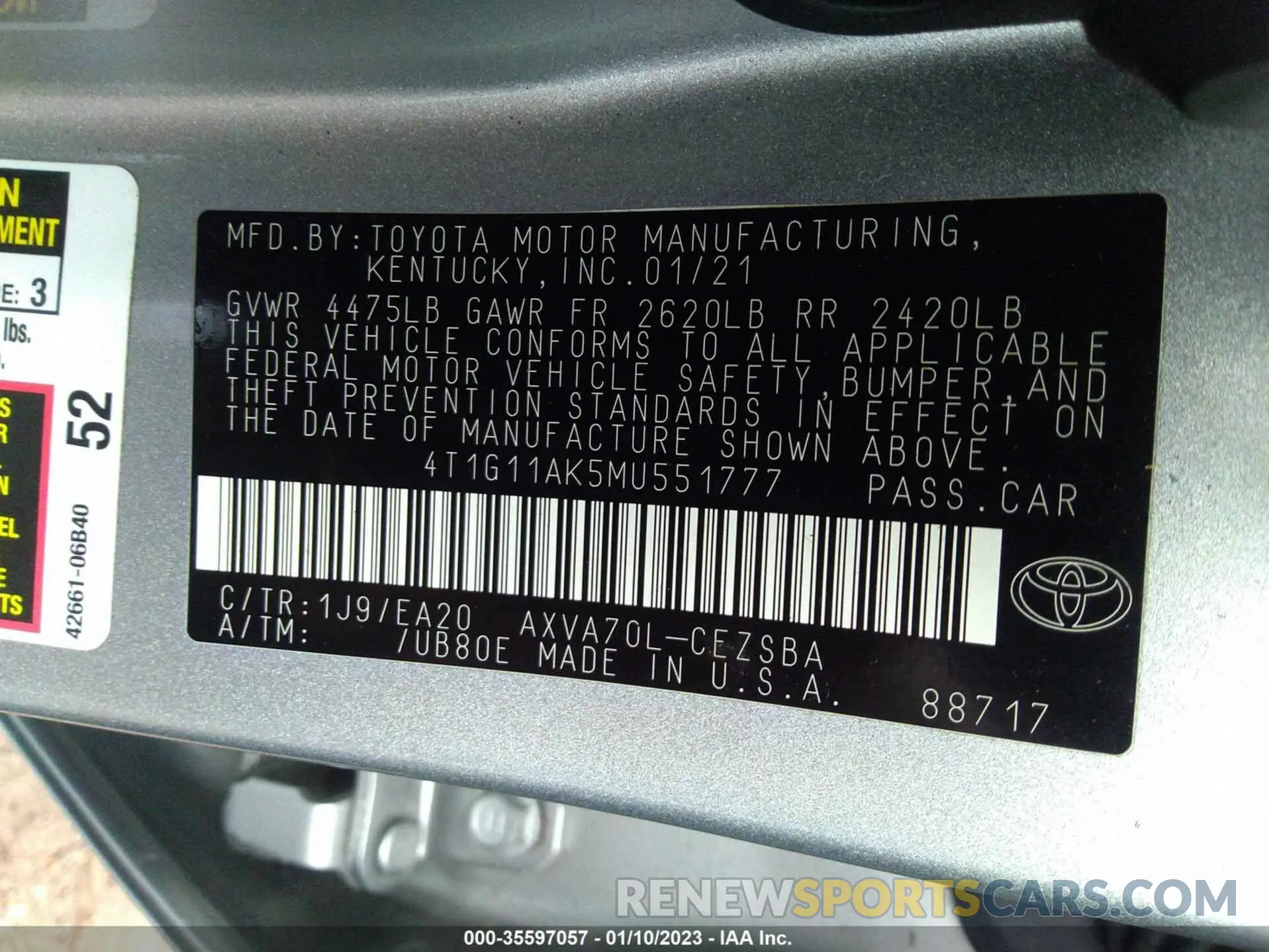 9 Photograph of a damaged car 4T1G11AK5MU551777 TOYOTA CAMRY 2021