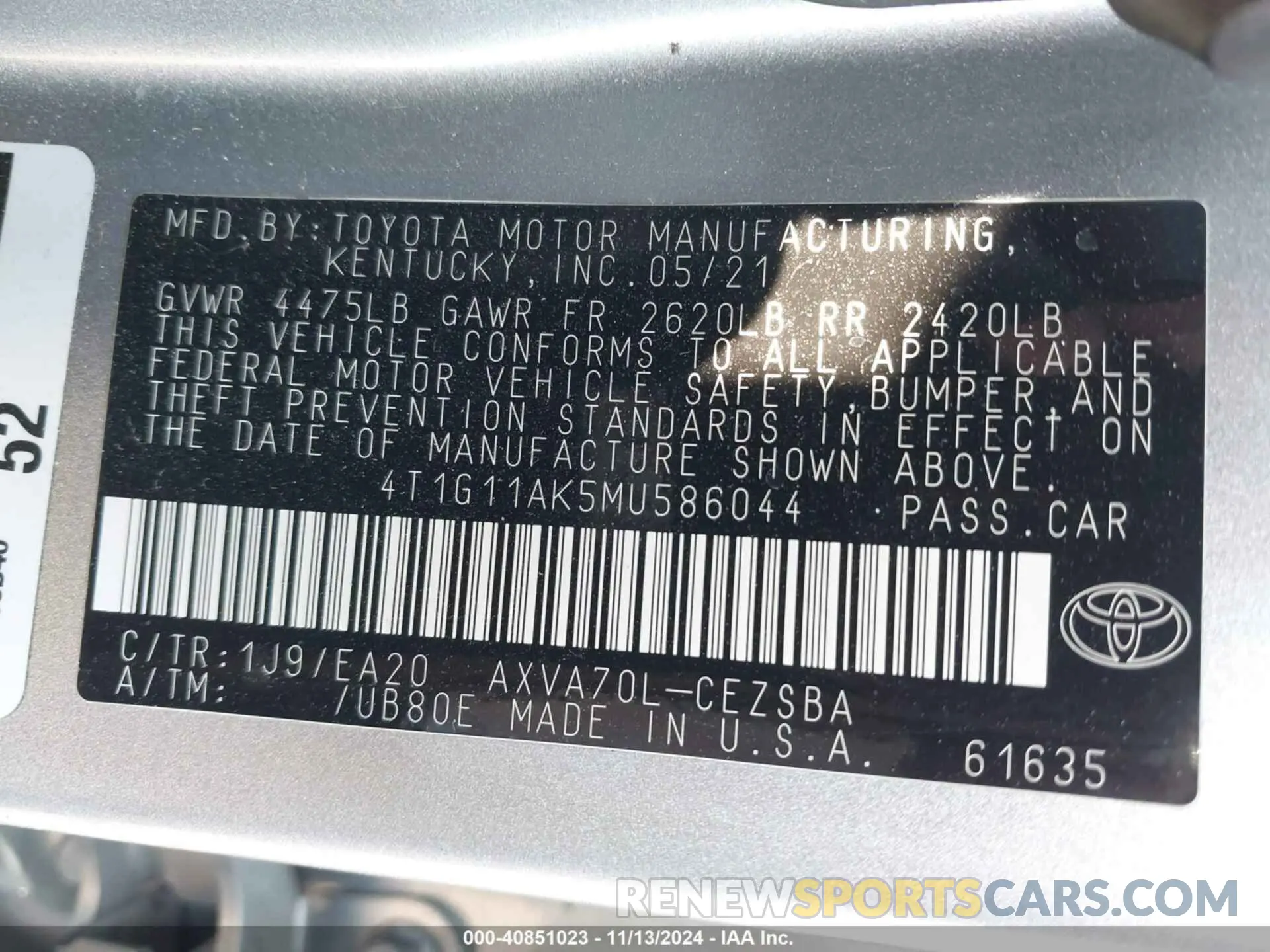 9 Photograph of a damaged car 4T1G11AK5MU586044 TOYOTA CAMRY 2021