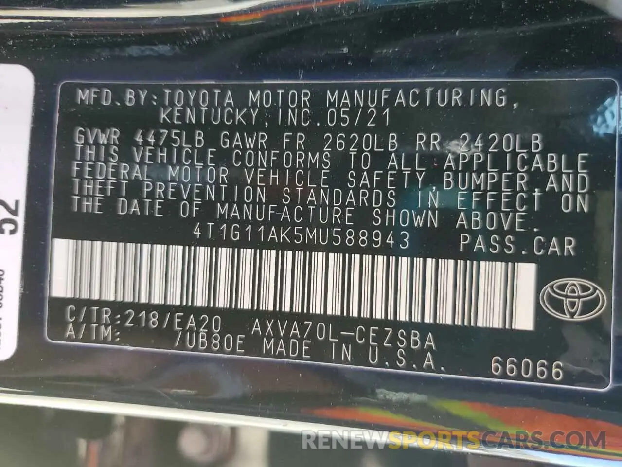13 Photograph of a damaged car 4T1G11AK5MU588943 TOYOTA CAMRY 2021
