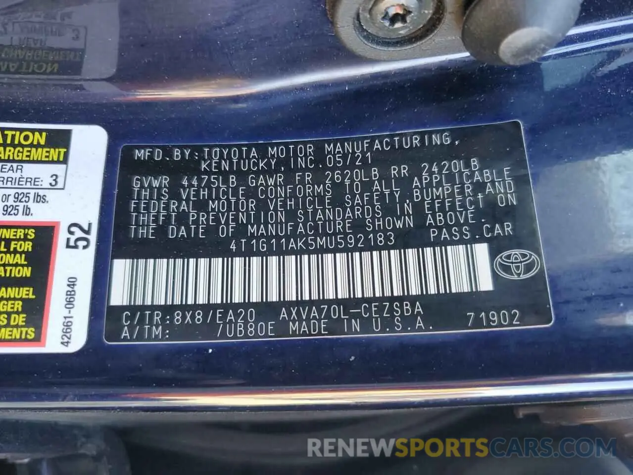 14 Photograph of a damaged car 4T1G11AK5MU592183 TOYOTA CAMRY 2021