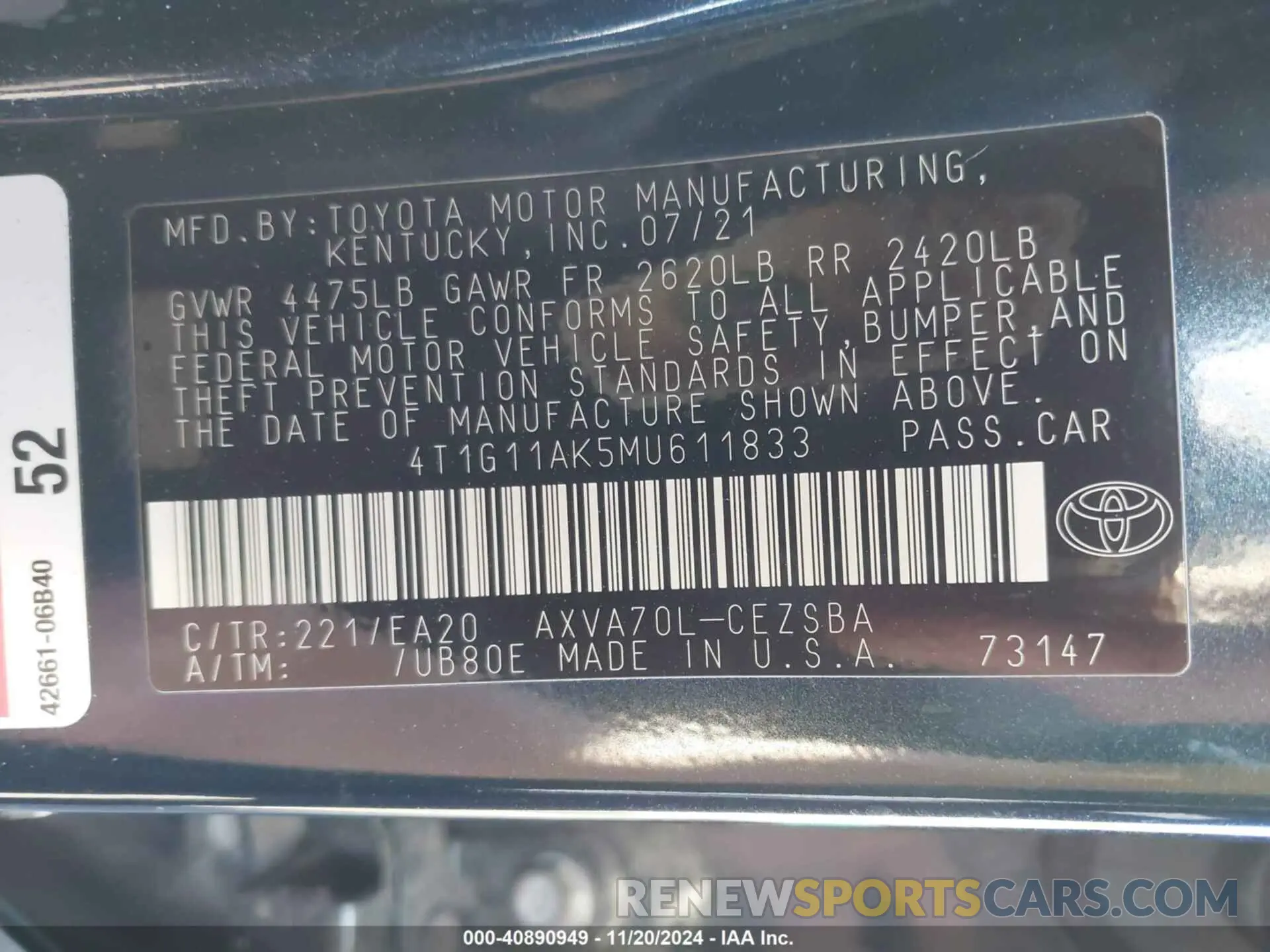 9 Photograph of a damaged car 4T1G11AK5MU611833 TOYOTA CAMRY 2021