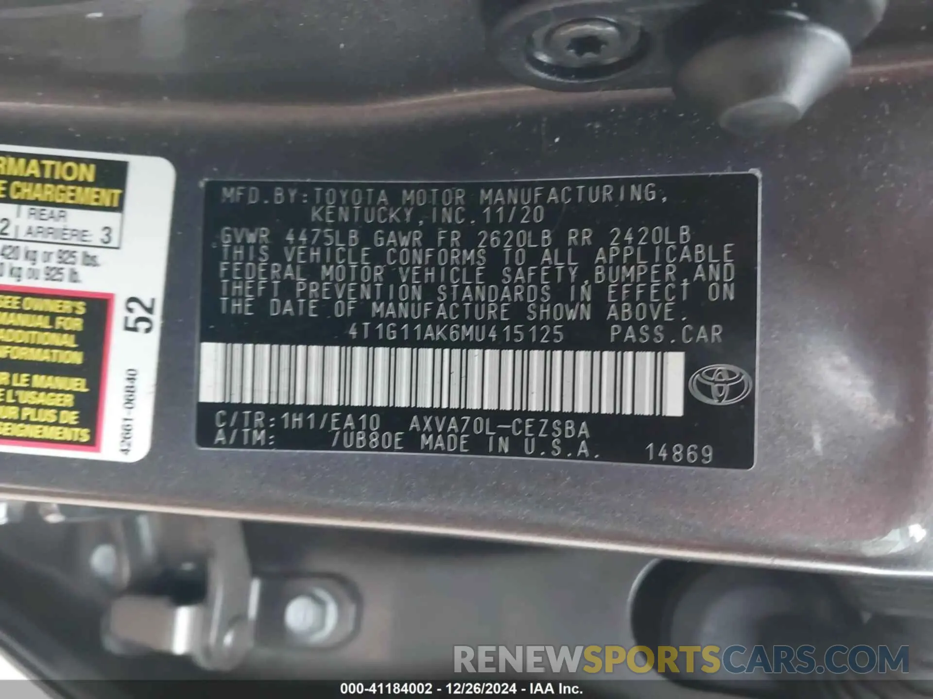 9 Photograph of a damaged car 4T1G11AK6MU415125 TOYOTA CAMRY 2021